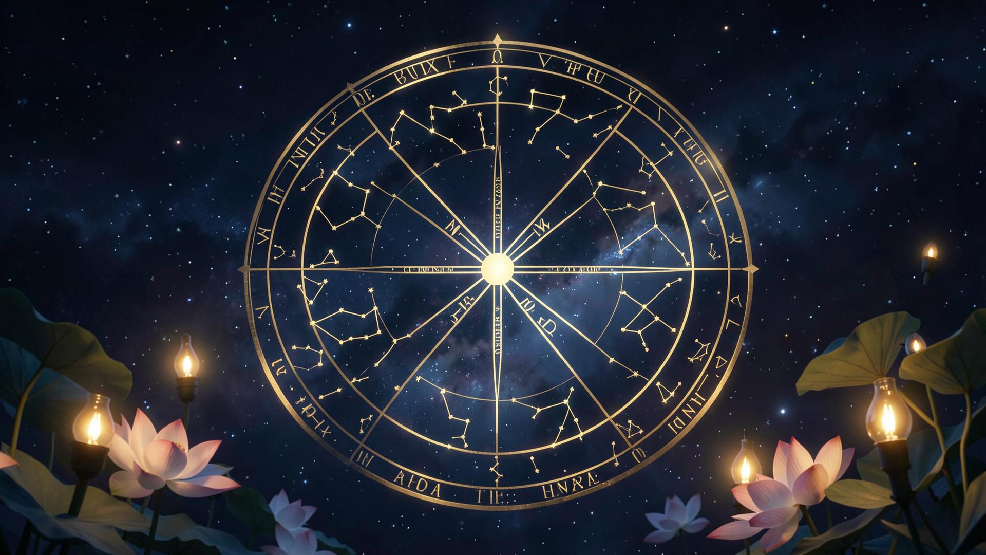 Golden zodiac wheel with lotus flowers and oil lamps under a starlit sky